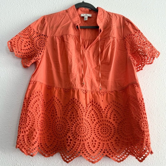 H by Halston Short Sleeve Mix Media Eyelet Cotton Blouse Top Size M - Picture 2 of 8